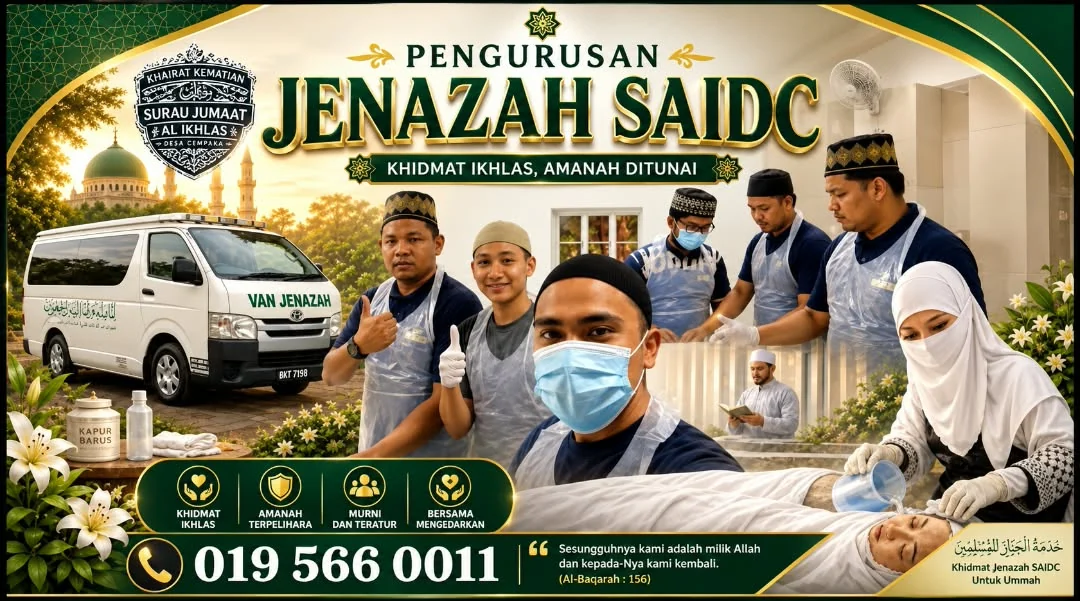 Pengurusan Jenazah SAIDC, Surau Jumaat Al Ikhlas Desa Cempaka. Khidmat ikhlas, amanah ditunai. Hubungi 019 566 0011.